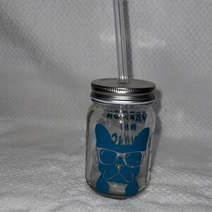 Custom Designed Glass Jar with Blue Dog Design and Straw-New Without Tags